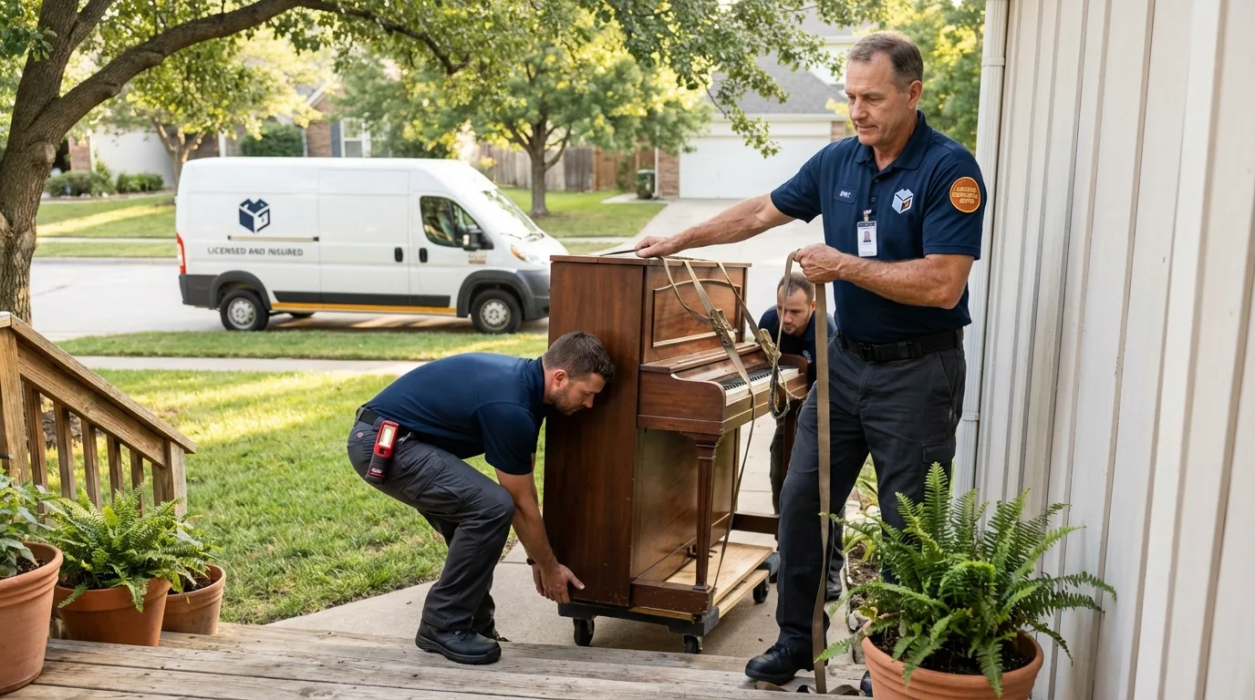Licensed piano movers securing grand piano in Raleigh, NC