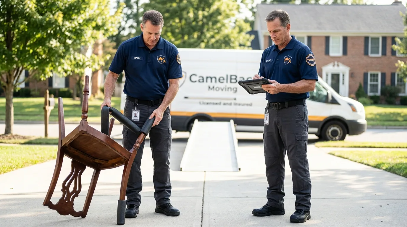 Movers inspecting furniture for damage prevention before loading in Raleigh, NC